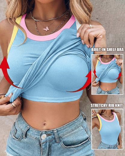 Womens Color Block Built in Bra Tank Tops Sleeveless Padded Casual Shirts Racerback Ribbed Tank Top