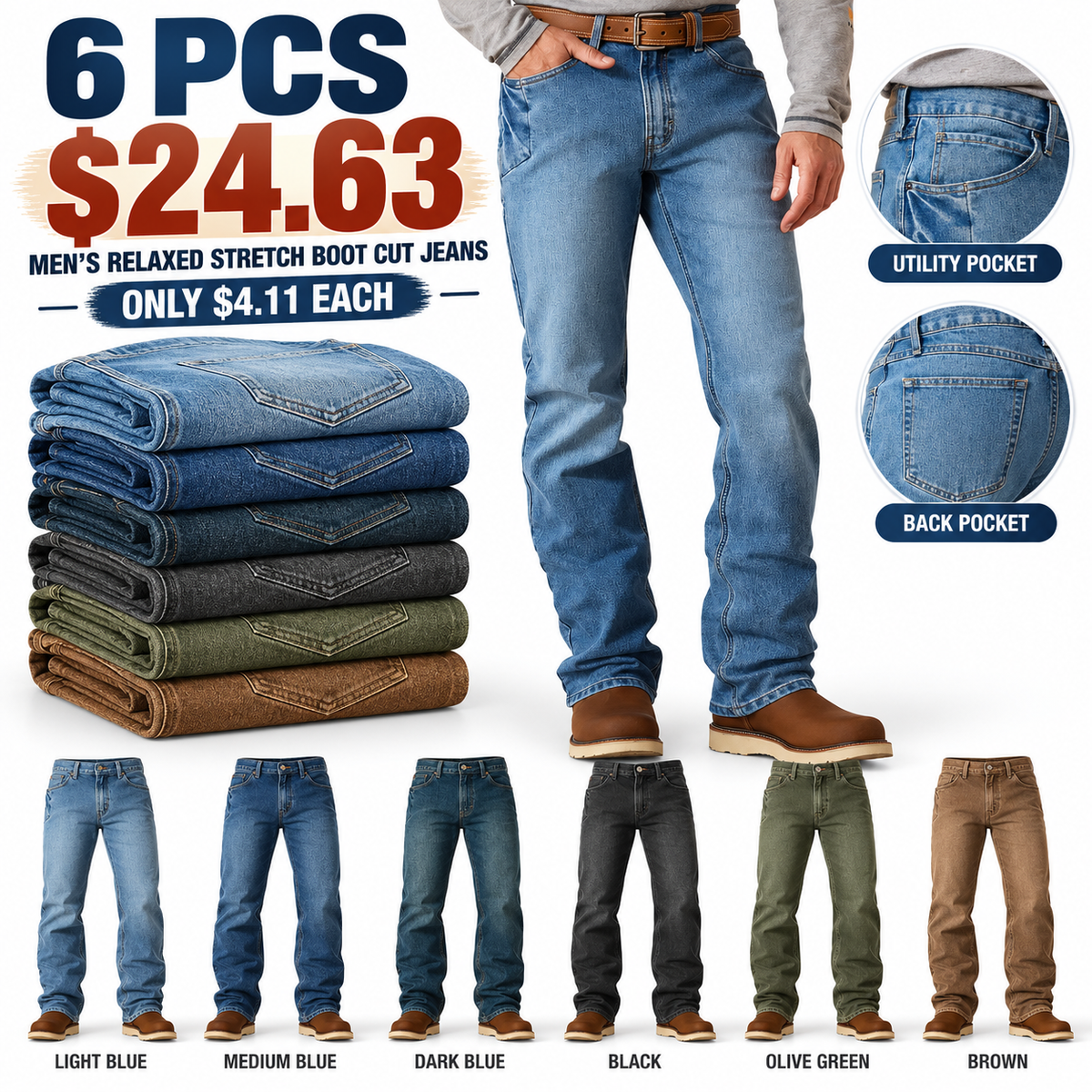 🔥 BESTSELLER | 6PCS | Men’s Relaxed Stretch Boot Cut Work Jeans