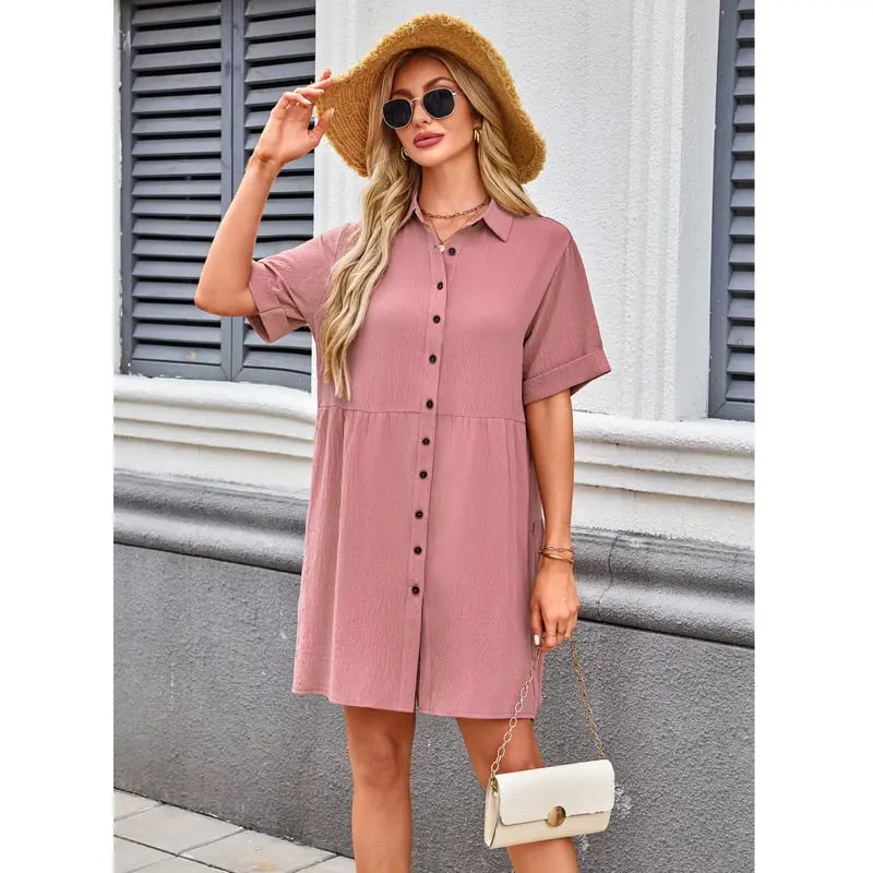 Babydoll Dress for Women Short Sleeve Button Down Textured Non-clingy Loose Fit Flowy Mini Dress with Pockets 2026 New Summer Dress