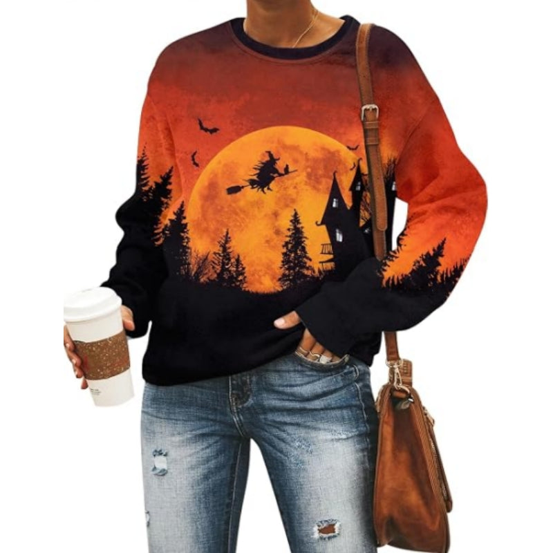 Black Cat on Pumpkin Sweatshirt Halloween Sweatshirts for Women Fall Pumpkin Face Tee Lightweight Pullover Tops