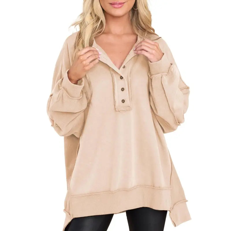 Women's Oversized Henley Sweatshirt Tunic – Long Sleeve V Neck Pullover Top, Cozy Casual Loose Fit Fall Sweater