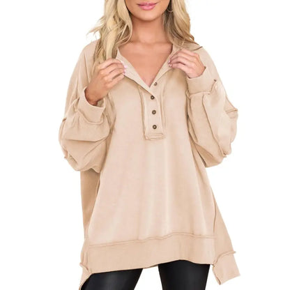Women's Oversized Henley Sweatshirt Tunic – Long Sleeve V Neck Pullover Top, Cozy Casual Loose Fit Fall Sweater
