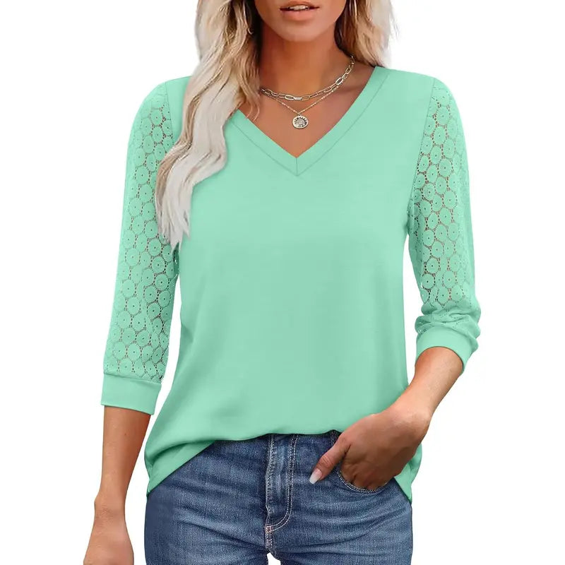 Women's V-Neck Lace 3/4 Sleeve Tunic Blouse | Elegant Business Casual Top