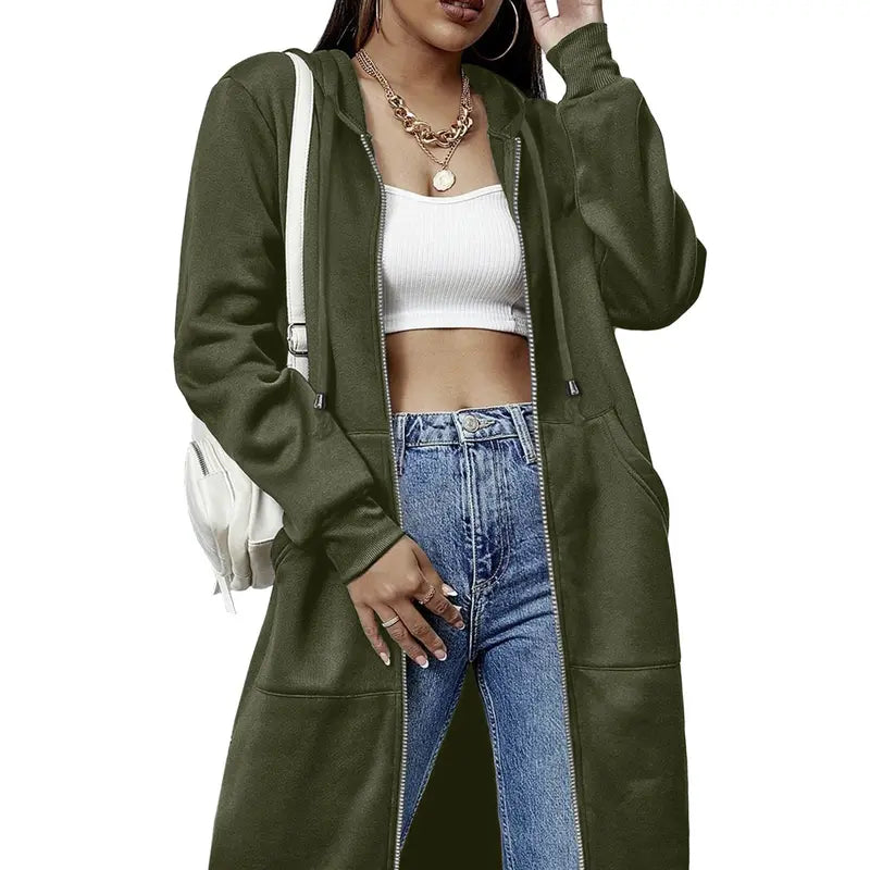 Women’s Long Zip Up Fleece Hoodie Jacket - Casual Oversized Hooded Sweatshirt with Front Pockets, Soft Warm Tunic Length Coat