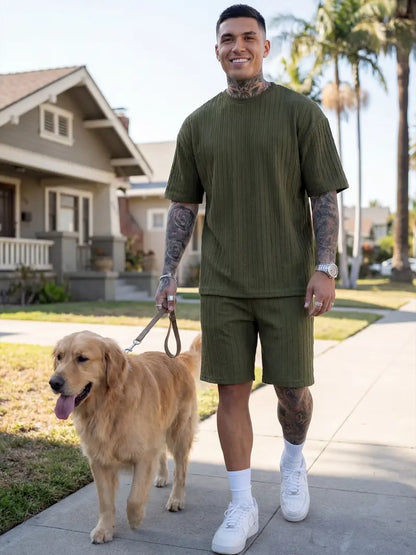 Men’s Loose Fit 2-Piece Summer Set, Oversized Textured Tee with Relaxed Fit Drawstring Shorts