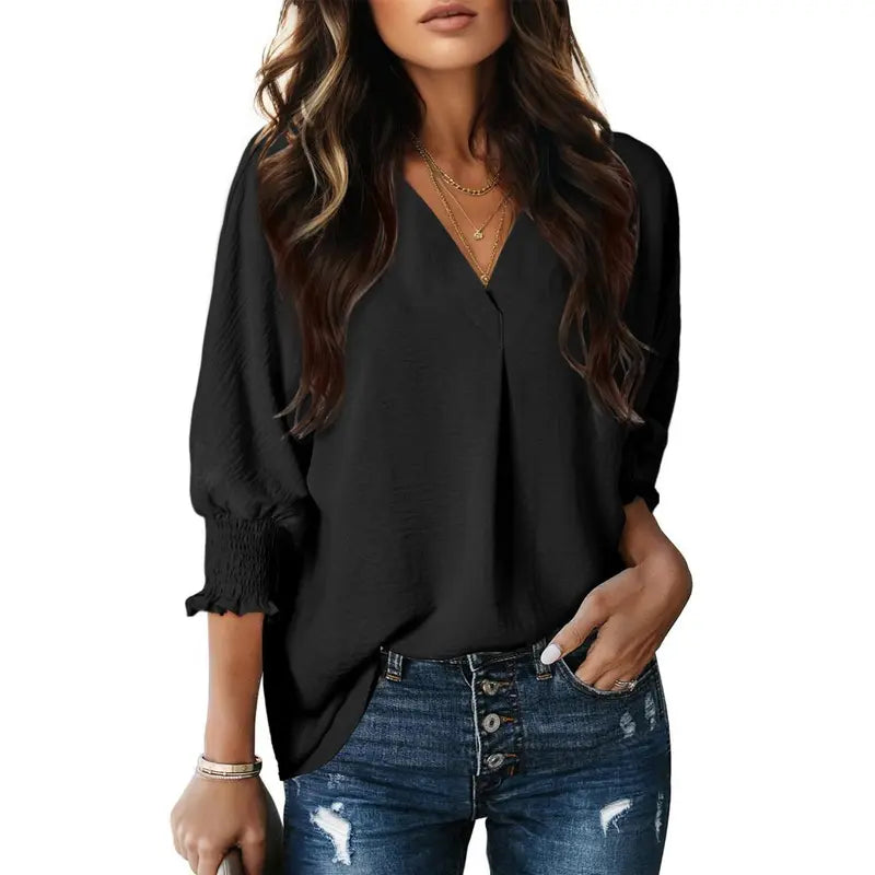 Women's V-Neck 3/4 Sleeve Oversized Tunic Tops Casual Summer Blouses Fitted Shirts 100% Polyester Comfortable Fabric