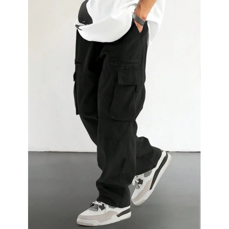 Loose Fit Drawstring Cargo Pants with Zipper Pockets – Casual Outdoor Wear