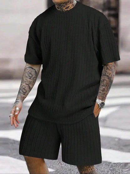 Men’s Loose Fit 2-Piece Summer Set, Oversized Textured Tee with Relaxed Fit Drawstring Shorts