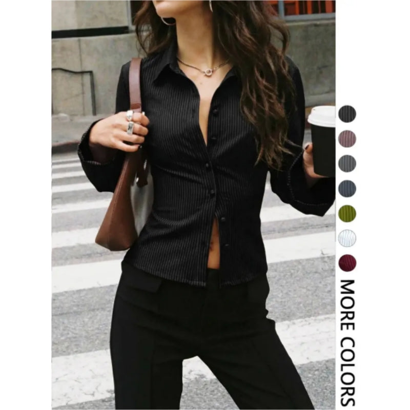 Women's V-Neck Button Front Blouse, Long Sleeve Slim-Fit Casual Shirt, Striped Pattern, Spring & Fall Fashion, Daily Wear