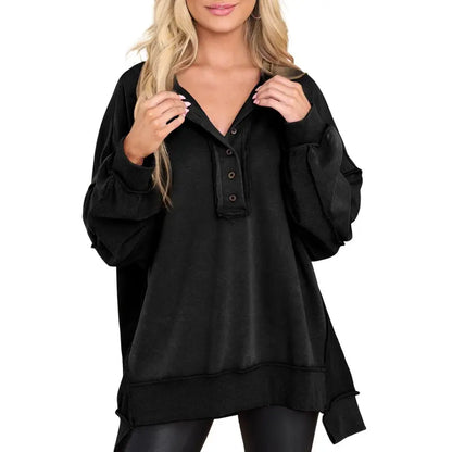 Women's Oversized Henley Sweatshirt Tunic – Long Sleeve V Neck Pullover Top, Cozy Casual Loose Fit Fall Sweater