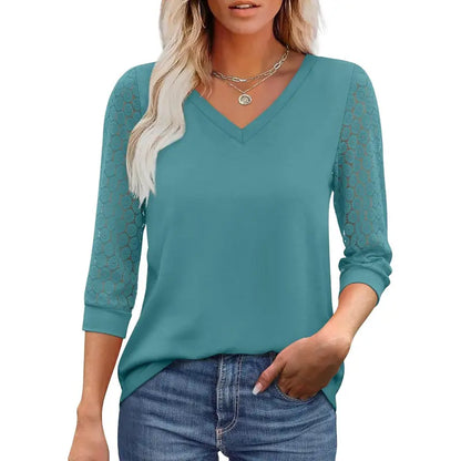 Women's V-Neck Lace 3/4 Sleeve Tunic Blouse | Elegant Business Casual Top