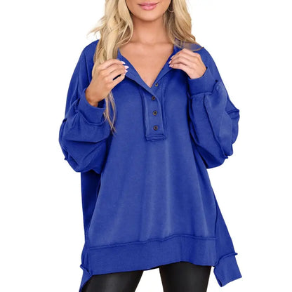 Women's Oversized Henley Sweatshirt Tunic – Long Sleeve V Neck Pullover Top, Cozy Casual Loose Fit Fall Sweater