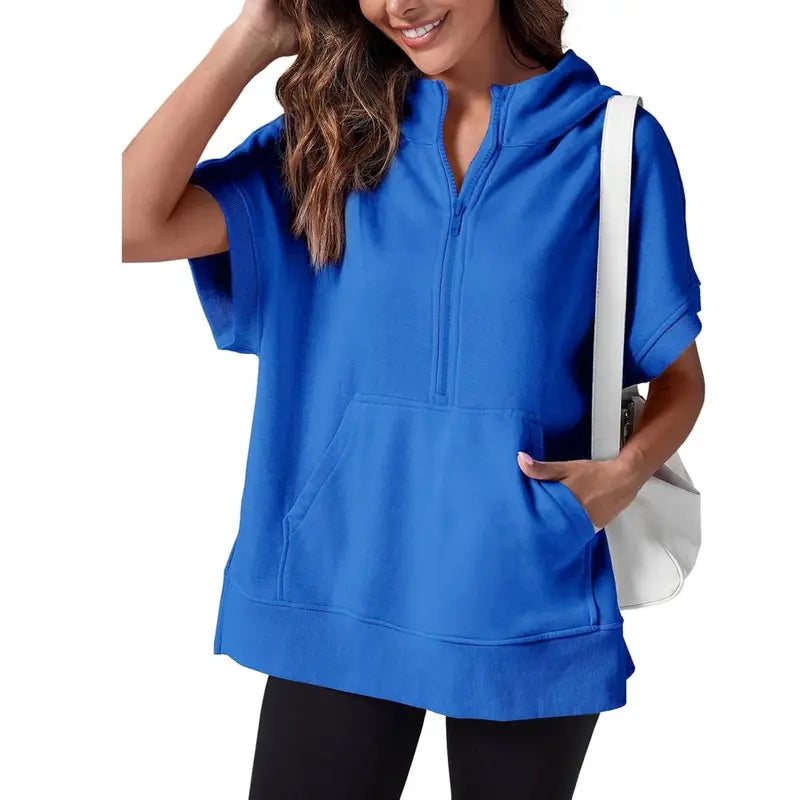 Women's Oversized Half Zip Hoodie Short Sleeve Sweatshirt with Pocket - Relaxed Fit Casual Pullover Top