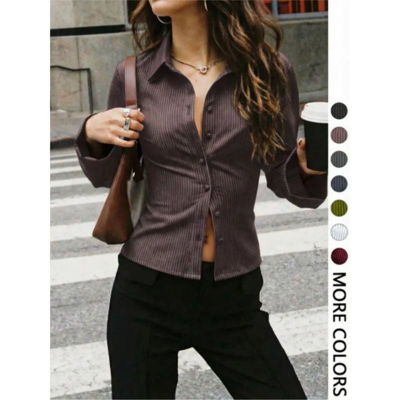 Women's V-Neck Button Front Blouse, Long Sleeve Slim-Fit Casual Shirt, Striped Pattern, Spring & Fall Fashion, Daily Wear