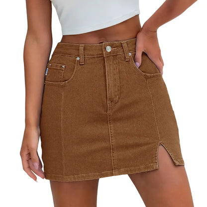 Women's High-Waisted Denim Skort | Built-in Shorts & Side Slit Skirt Womenswear Fitted Button skirts