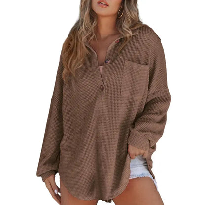 Women's Oversized Waffle Knit Henley Top - Casual V-Neck Mesh Knitwear Long Sleeve Tunic Blouse for Fall