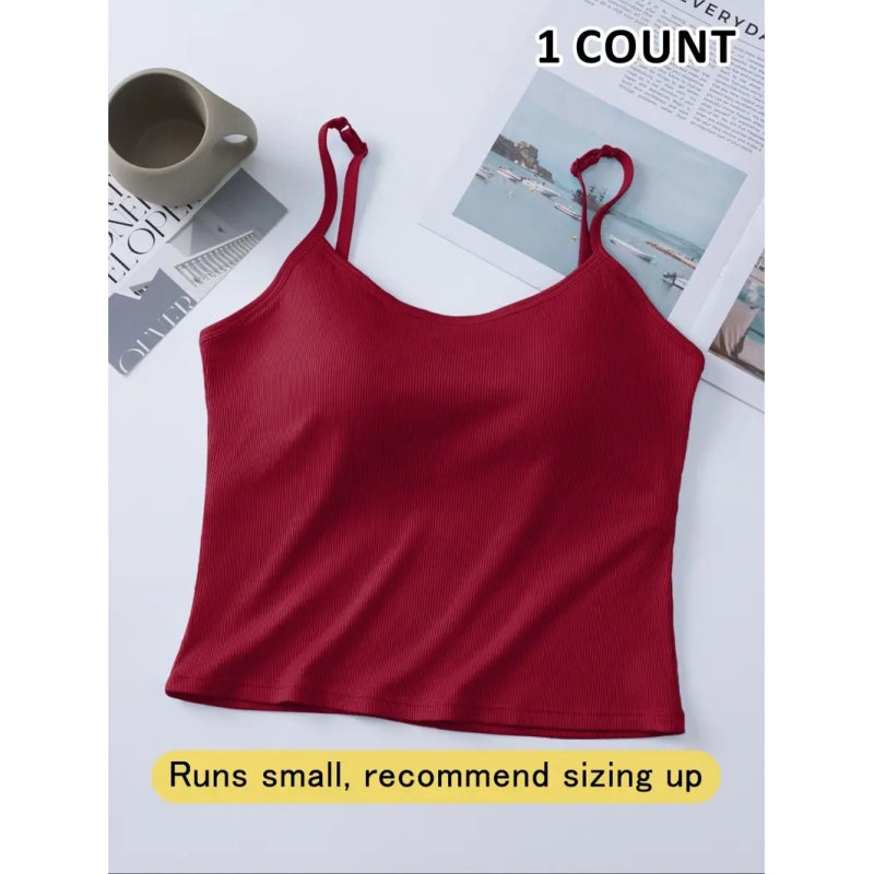 Women's Basic Solid Ribbed Cami Spaghetti Strap Tank Top, Fitted Casual Sleeveless Crop Top for Daily Wear, Ladies Underwear for Summer, Camisole Top