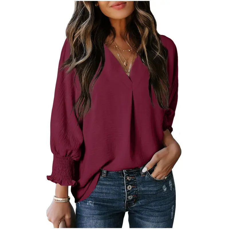 Women's V-Neck 3/4 Sleeve Oversized Tunic Tops Casual Summer Blouses Fitted Shirts 100% Polyester Comfortable Fabric