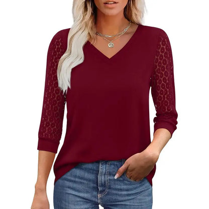 Women's V-Neck Lace 3/4 Sleeve Tunic Blouse | Elegant Business Casual Top