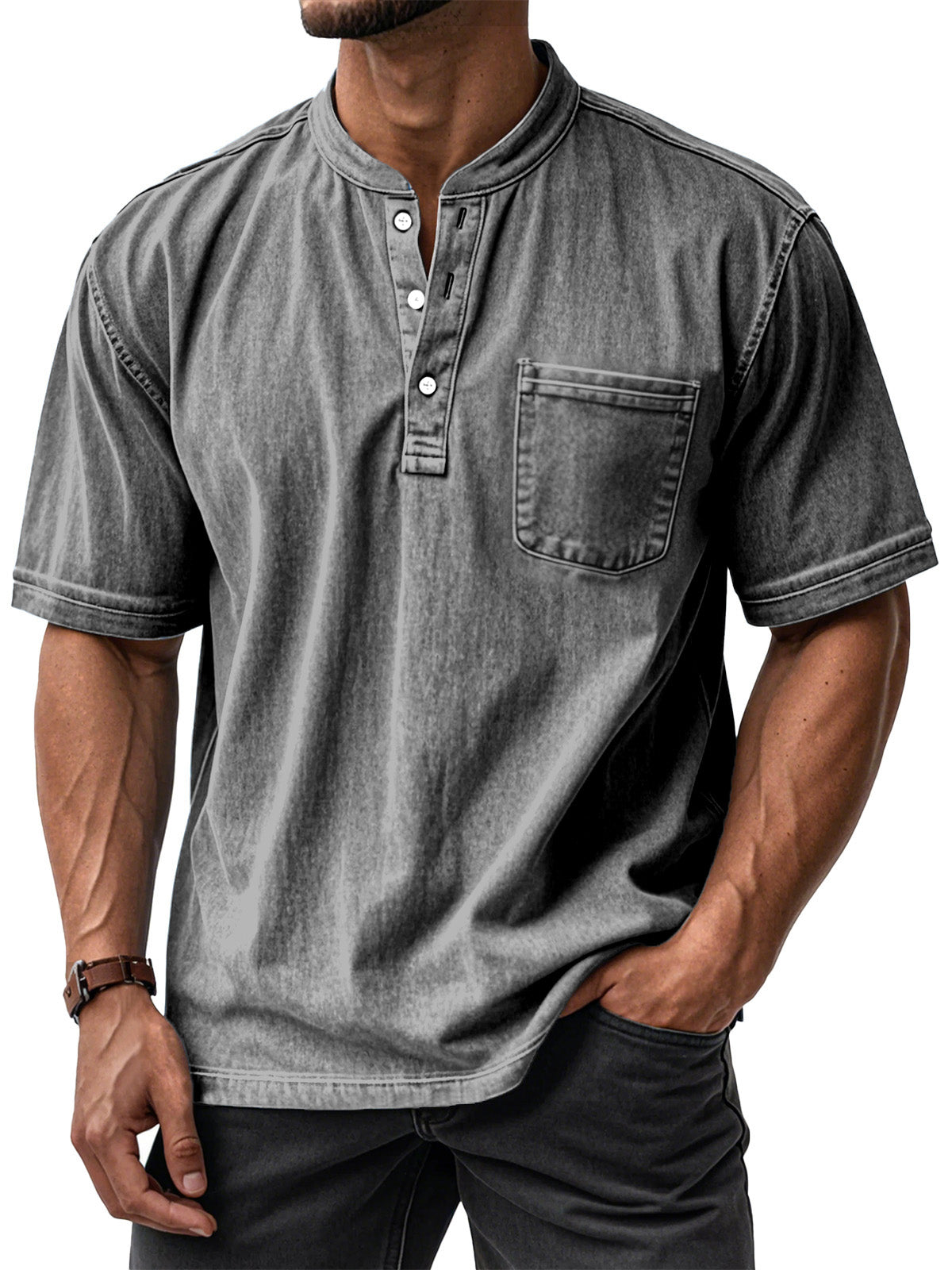 Men's Casual Vintage Loose-Fit Short-Sleeve Henley Shirt with Pocket