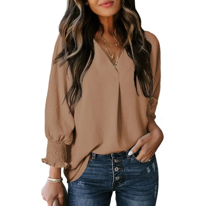 Women's V-Neck 3/4 Sleeve Oversized Tunic Tops Casual Summer Blouses Fitted Shirts 100% Polyester Comfortable Fabric