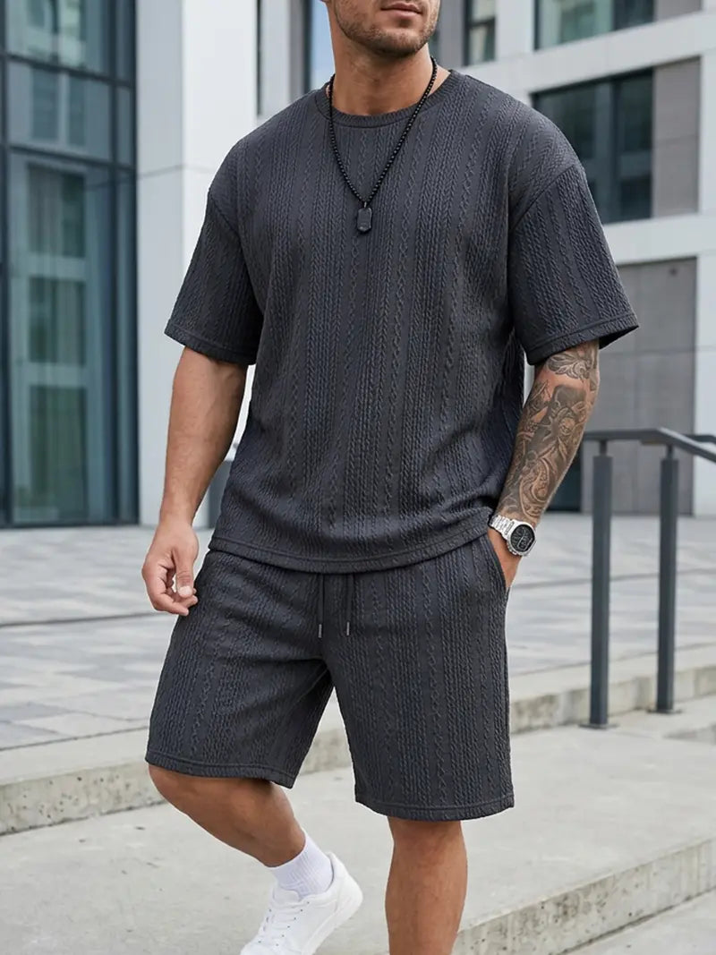 Men’s Loose Fit 2-Piece Summer Set, Oversized Textured Tee with Relaxed Fit Drawstring Shorts