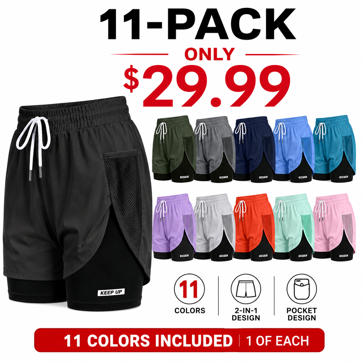 Women's 2 in 1 Running Shorts with Liner Pockets Quick Dry Athletic Workout Gym Shorts