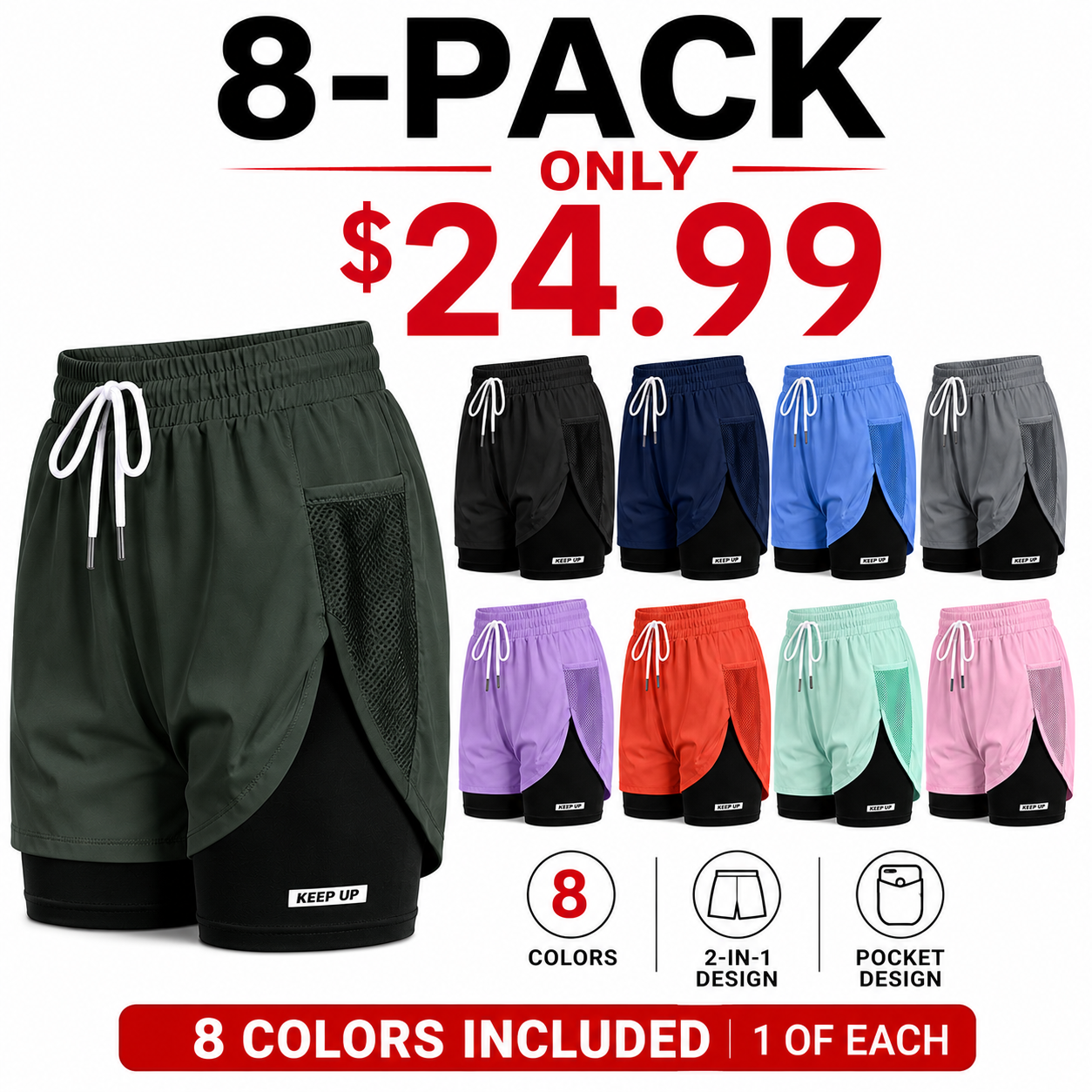 Women's 2 in 1 Running Shorts with Liner Pockets Quick Dry Athletic Workout Gym Shorts