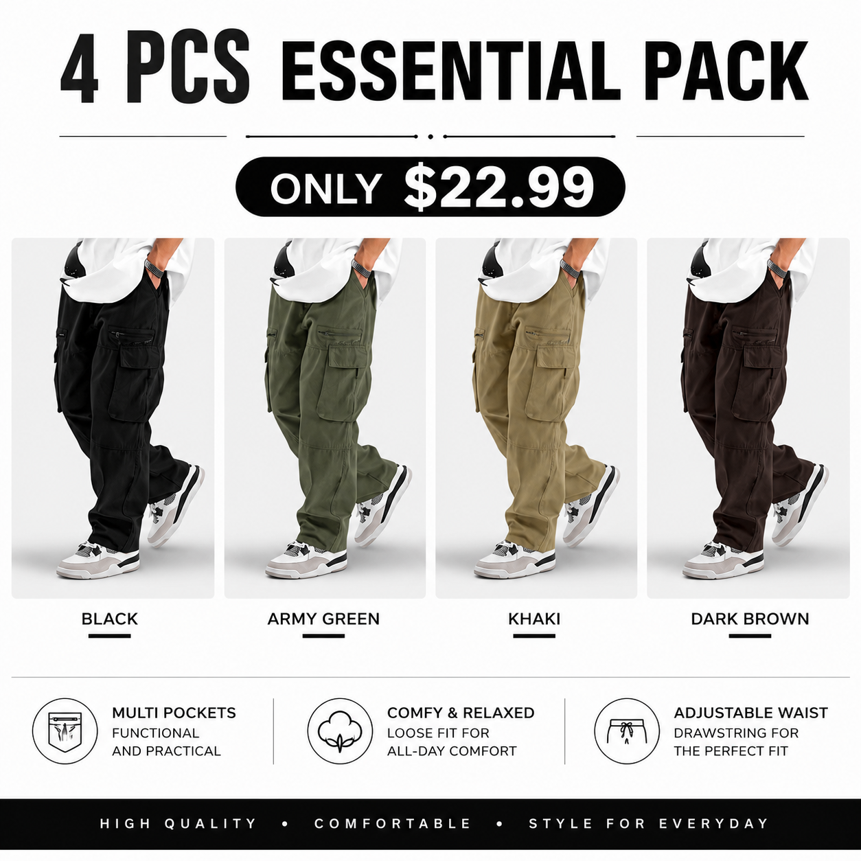 Loose Fit Drawstring Cargo Pants with Zipper Pockets – Casual Outdoor Wear