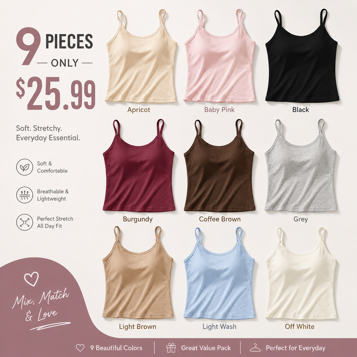 Women's Basic Solid Ribbed Cami Spaghetti Strap Tank Top, Fitted Casual Sleeveless Crop Top for Daily Wear, Ladies Underwear for Summer, Camisole Top