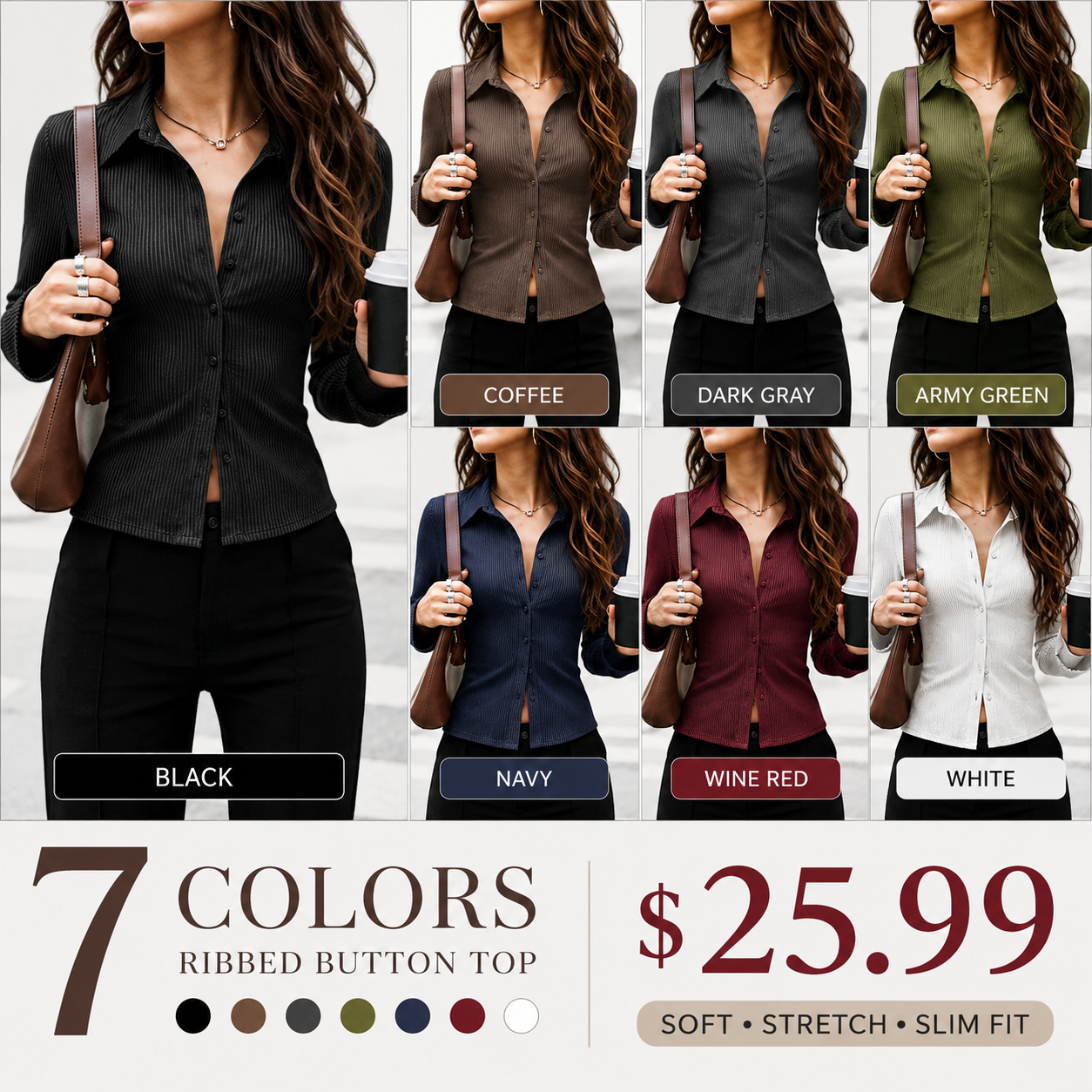 Women's V-Neck Button Front Blouse, Long Sleeve Slim-Fit Casual Shirt, Striped Pattern, Spring & Fall Fashion, Daily Wear