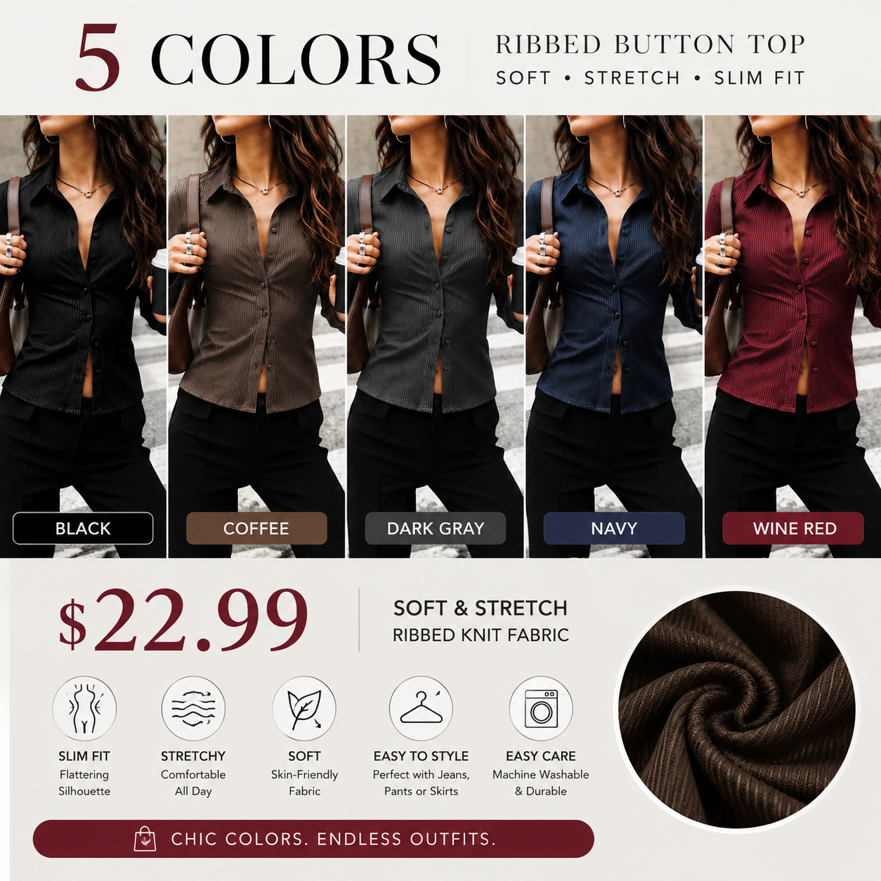Women's V-Neck Button Front Blouse, Long Sleeve Slim-Fit Casual Shirt, Striped Pattern, Spring & Fall Fashion, Daily Wear