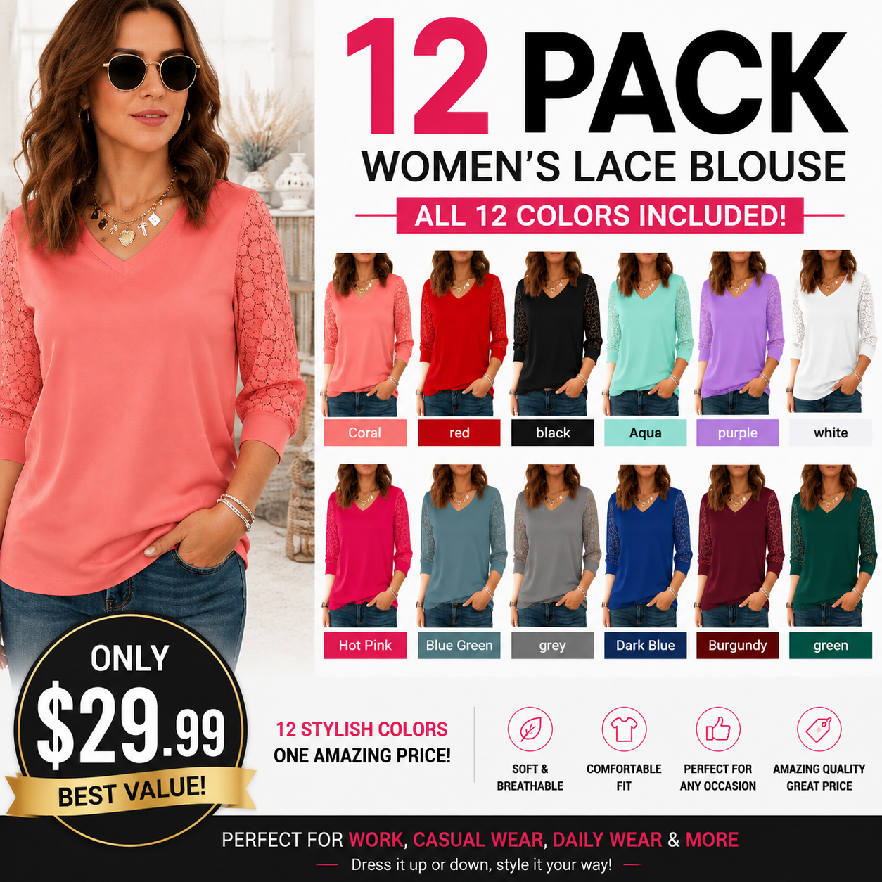 Women's V-Neck Lace 3/4 Sleeve Tunic Blouse | Elegant Business Casual Top