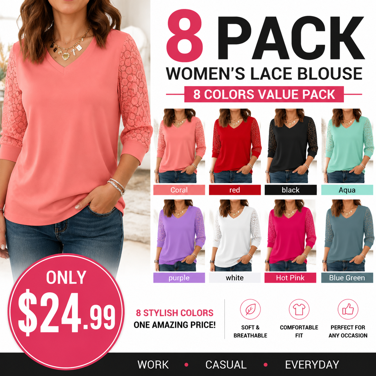 Women's V-Neck Lace 3/4 Sleeve Tunic Blouse | Elegant Business Casual Top