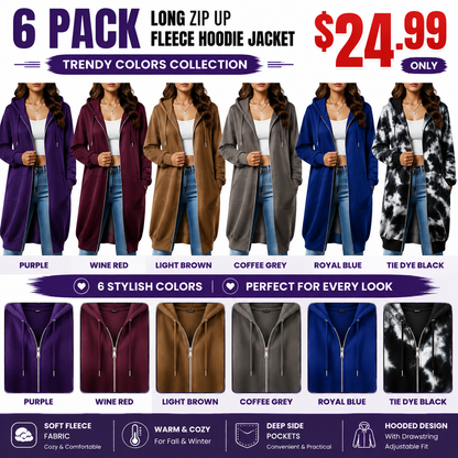 Women’s Long Zip Up Fleece Hoodie Jacket - Casual Oversized Hooded Sweatshirt with Front Pockets, Soft Warm Tunic Length Coat