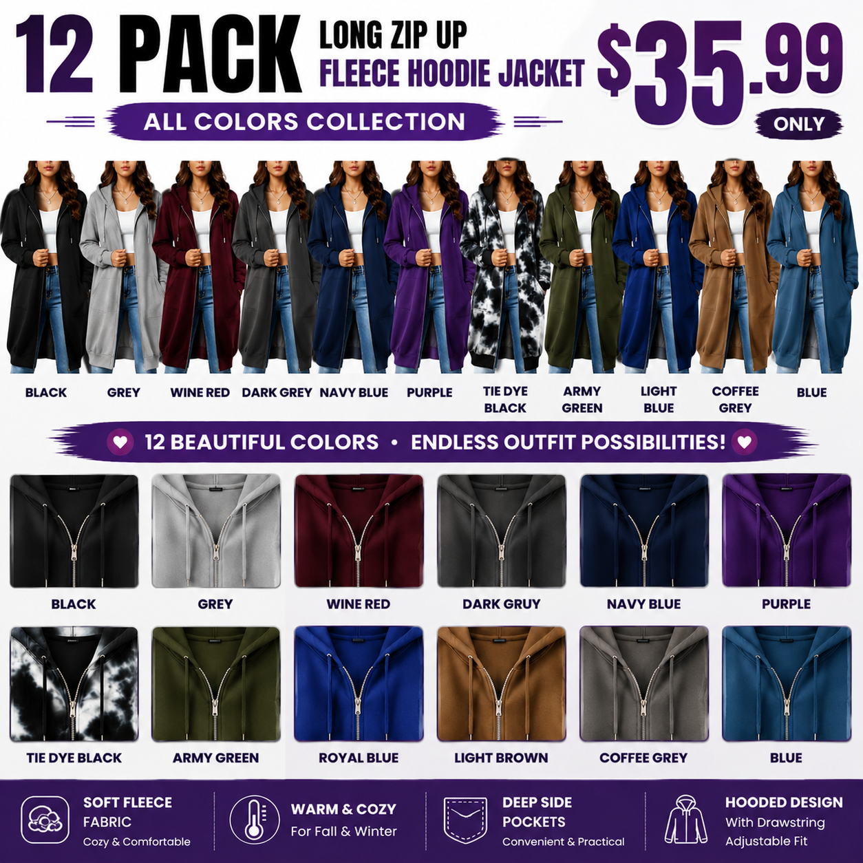 Women’s Long Zip Up Fleece Hoodie Jacket - Casual Oversized Hooded Sweatshirt with Front Pockets, Soft Warm Tunic Length Coat