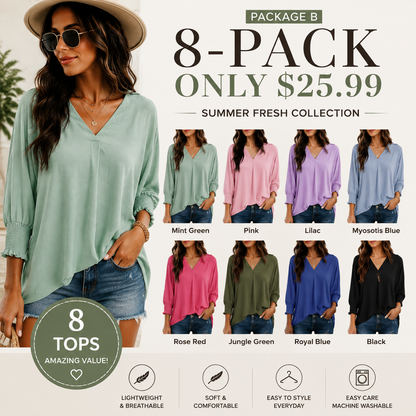 Women's V-Neck 3/4 Sleeve Oversized Tunic Tops Casual Summer Blouses Fitted Shirts 100% Polyester Comfortable Fabric