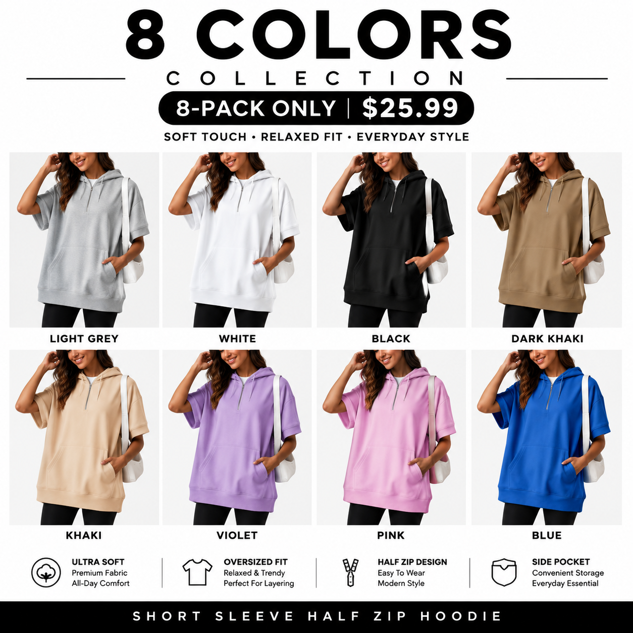 Women's Oversized Half Zip Hoodie Short Sleeve Sweatshirt with Pocket - Relaxed Fit Casual Pullover Top