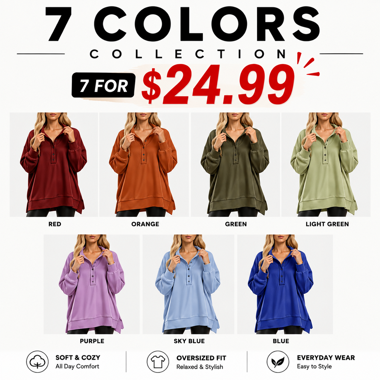 Women's Oversized Henley Sweatshirt Tunic – Long Sleeve V Neck Pullover Top, Cozy Casual Loose Fit Fall Sweater