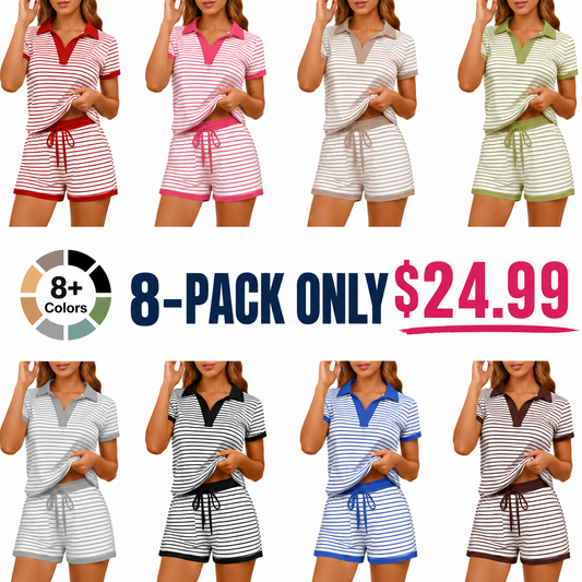 Women's Striped Two-Piece Set: Polo-Collar V-Neck Short-Sleeve Top and Drawstring-Waist Mini Skirt — A Versatile, Casual Set