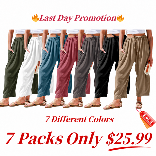 Women's Linen Wide Leg Pants Casual Loose Drawstring Low Waist Beach Palazzo Harem Pants with Pockets