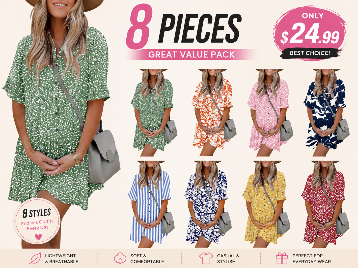 Babydoll Dress for Women Short Sleeve Button Down Textured Non-clingy Loose Fit Flowy Mini Dress with Pockets 2026 New Summer Dress