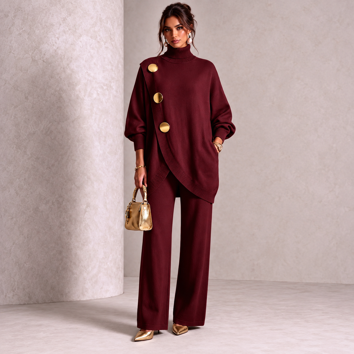 Elegant Burgundy Knit Asymmetrical Button Set