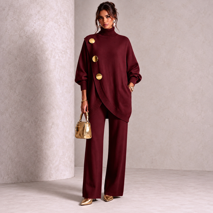 Elegant Burgundy Knit Asymmetrical Button Set