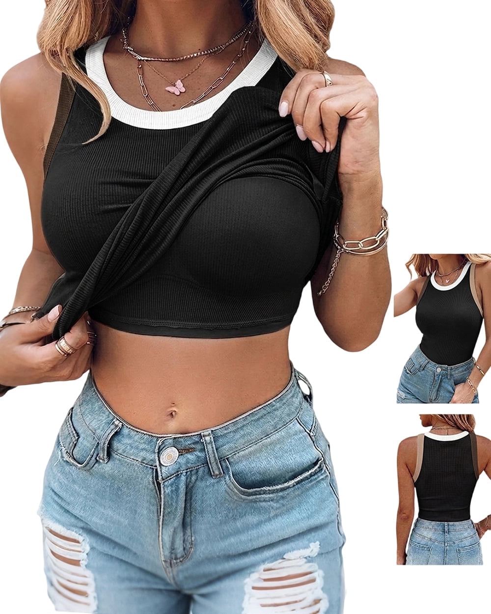 Womens Color Block Built in Bra Tank Tops Sleeveless Padded Casual Shirts Racerback Ribbed Tank Top