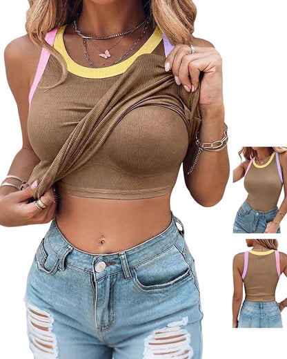 Womens Color Block Built in Bra Tank Tops Sleeveless Padded Casual Shirts Racerback Ribbed Tank Top