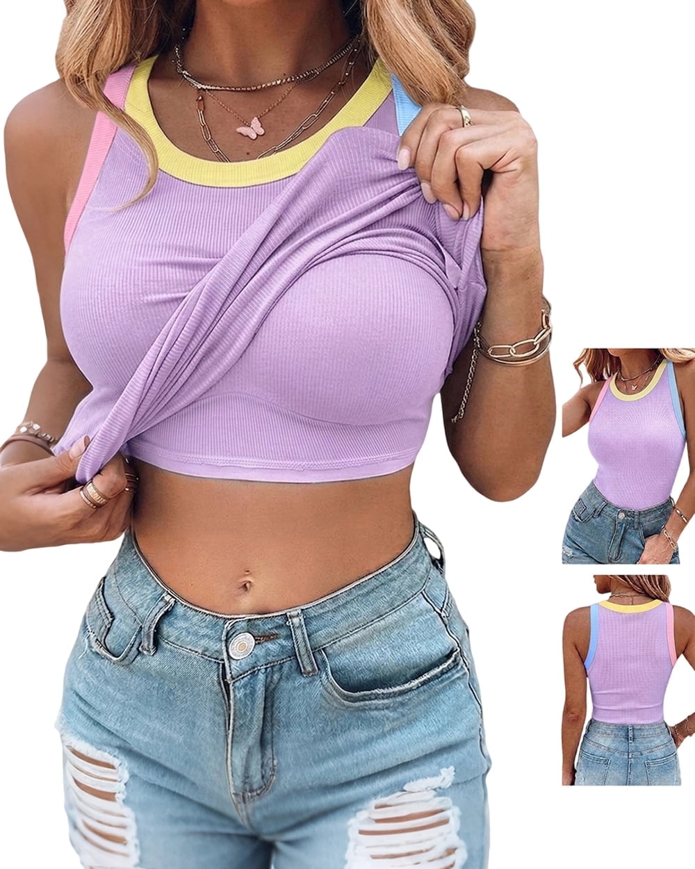 Womens Color Block Built in Bra Tank Tops Sleeveless Padded Casual Shirts Racerback Ribbed Tank Top