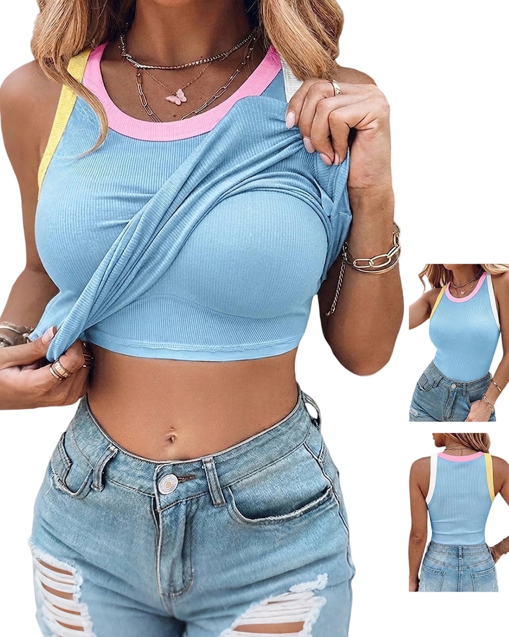 Womens Color Block Built in Bra Tank Tops Sleeveless Padded Casual Shirts Racerback Ribbed Tank Top