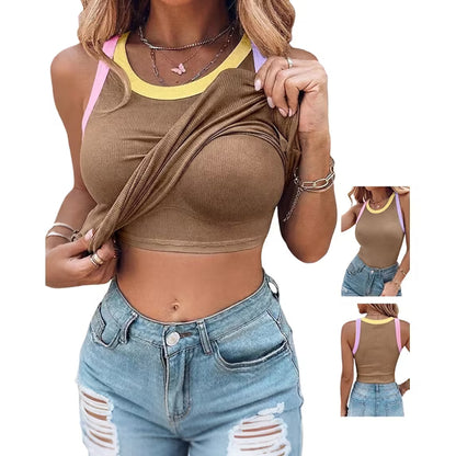 Womens Color Block Built in Bra Tank Tops Sleeveless Padded Casual Shirts Racerback Ribbed Tank Top