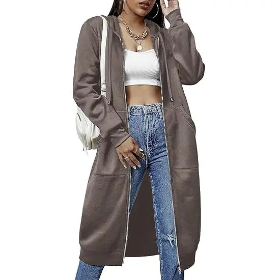 Women’s Long Zip Up Fleece Hoodie Jacket - Casual Oversized Hooded Sweatshirt with Front Pockets, Soft Warm Tunic Length Coat
